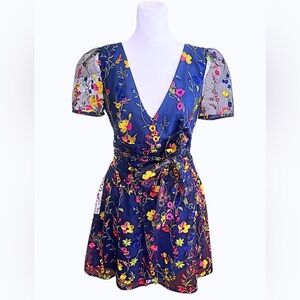 Monique Lhuillier Blue Floral Mini Dress